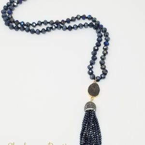 Blue Crystal Tassel Necklace With Blue Crystal Beads and Druzy Stone